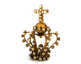 1in Tiny Jeweled Santos Kings Crown, Ornate Antiqued Gold Rhinestone Orb and Cross Motif