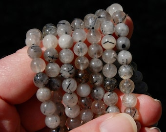 Black Tourmaline Quartz Crystal Beaded Bracelet, 6mm Natural Black Rutile Beads