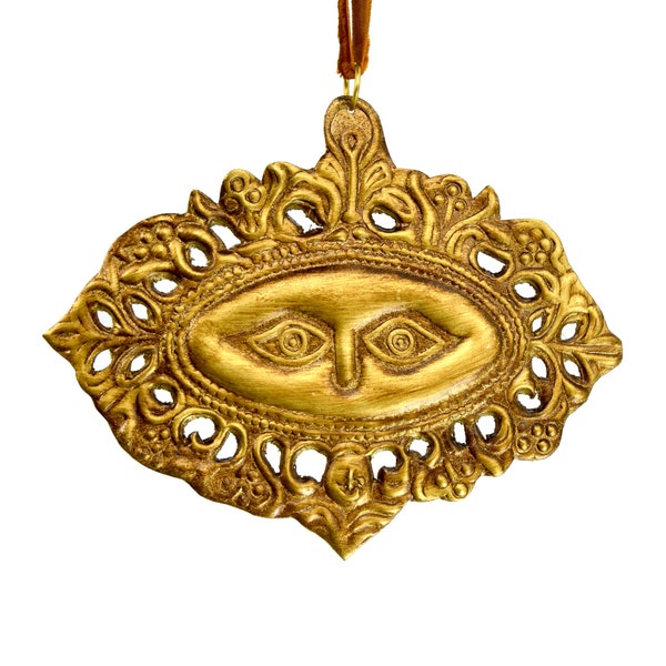 5in Divine Eyes Ex Voto Milagro Ornament, Ornate Eye in Antiqued Gold