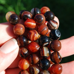 Red Sardonyx Banded Agate Crystal Bracelet, 10mm Natural Gemstone Beads