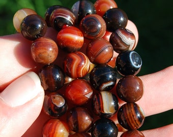 Red Sardonyx Banded Agate Crystal Bracelet, 10mm Natural Gemstone Beads