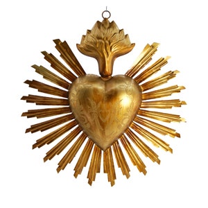 8in Ex Voto Sacred Heart with Sunray Halo Antiqued Gold Milagro Ornament