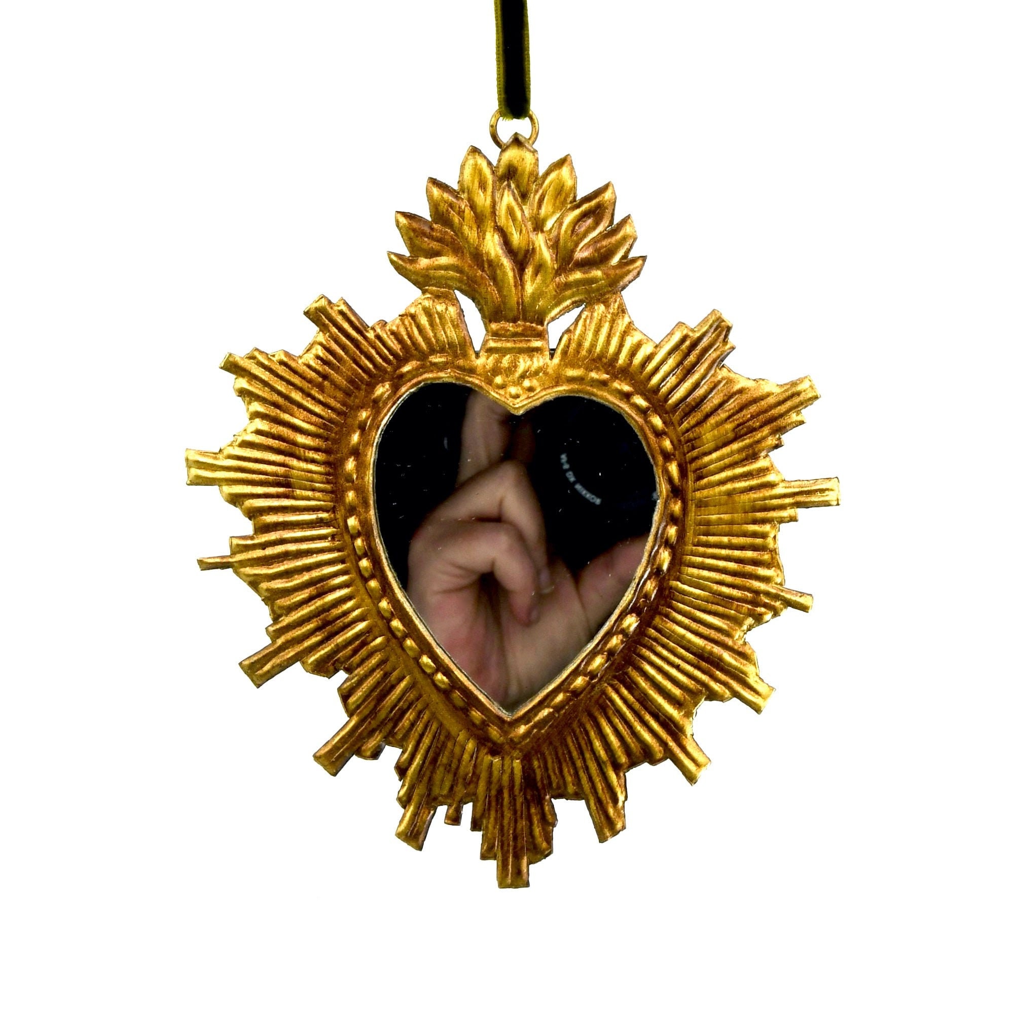 6in Sacred Heart Ex Voto Mirror, Antiqued Gold Milagro Ornament