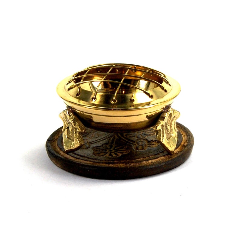 Resin Incense Burner Three Legged Ornate Brass Frog Metal Grill Wooden Base