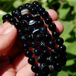 Black Sardonyx Banded Agate Crystal Bracelet, 8mm Natural Gemstone Beads