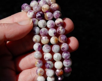 Pulsera de cristal de lepidolita con gemas, cuentas de piedras preciosas moradas con destellos plateados de 8 mm