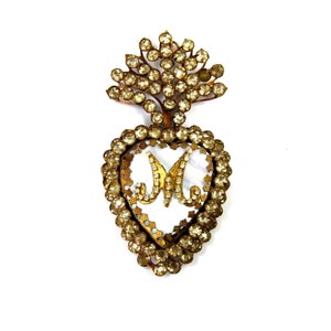 5.5&quot; Sacred Heart Ex Voto Locket Ornament Mother of Pearl Rhinestone