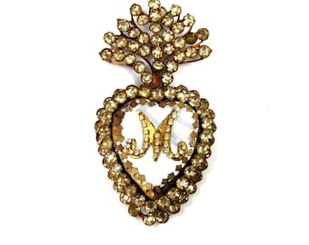 5.5in Sacred Heart Ex Voto Locket Ornament, Mother of Pearl Rhinestone Milagro