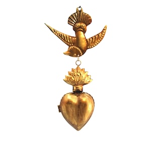 8.5&quot; Sacred Heart Ex Voto Locket with Dove, Antiqued Gold Milagro Ornament