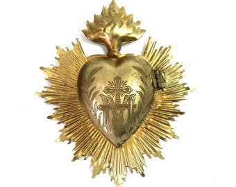 5 &quot;Sacred Heart Ex Voto Medaillon Ornament Ornament Antiqued Silber Flammendes Herz Milagro