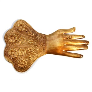 7.25in Divine Hand Ex Voto Milagro Ornament, Ornate Floral Details in Antiqued Gold