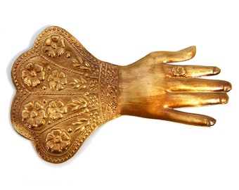 7.25in Divine Hand Ex Voto Milagro Ornament, Ornate Floral Details in Antiqued Gold