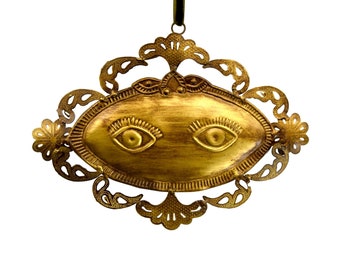 7in Divine Eyes Ex Voto Milagro Ornament, Ornate Eye in Antiqued Gold