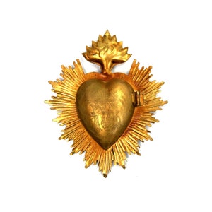 5in Sacred Heart Ex Voto Locket Ornament, Antiqued Gold Burning Heart Milagro