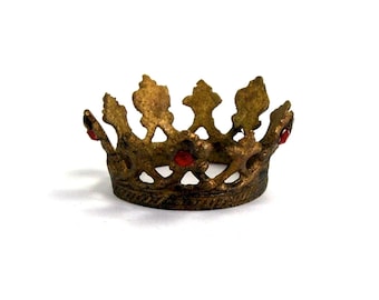 1.25in Tiny Santos Crown Antique Gold Red Rhinestone Fleur de Lis Motif