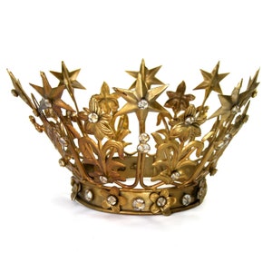 Large Santos Crown with Lilies Stars Rhinestones Antique Gold 4&quot; Diameter Base