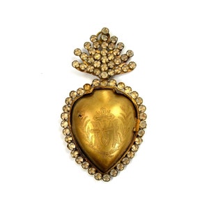 6&quot; Rhinestone Sacred Heart Ex Voto Locket Ornament Antiqued Gold Milagro