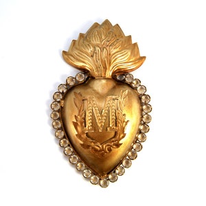 5.25in Rhinestone Sacred Heart Ex Voto with Metal Initial Embellishment, Antiqued Gold Milagro Ornament