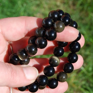 Gold Sheen Obsidian Bead Bracelet, 10mm Natural Crystal Beads