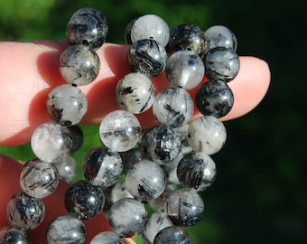 Black Tourmaline Quartz Crystal Bracelet, 8mm Natural Black Rutile Beads