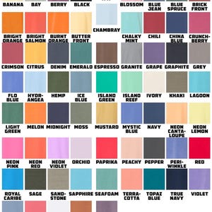 May include: A color chart featuring a variety of fabric swatches, each labeled with a unique color name. Colors range from light pastels to deep, saturated hues, including shades of blue, green, pink, and orange. The text "COMFORT COLORS 1717" is at the top.