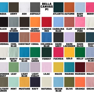 May include: A color chart featuring a variety of Bella + Canvas P1 t-shirt colors. The chart displays a grid of swatches with names like "Aqua," "Army," "Black," and "Berry." The colors range from light pastels to dark hues.