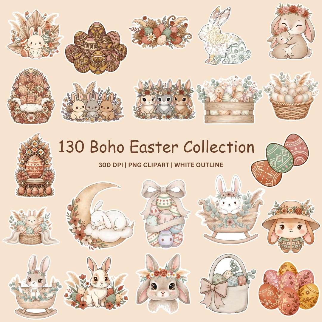 130 Boho Easter Bunny PNG Clipart Bundle, Cute Spring Rabbit PNG ...