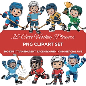 May include: A collection of cartoon hockey players in various poses, wearing helmets and jerseys in blue, red, green, and yellow. The image includes the text "20 Cute Hockey Players PNG Clipart Set".