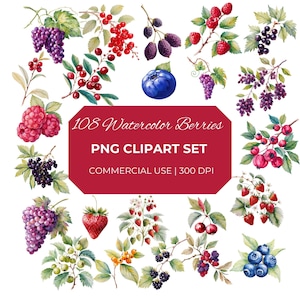 May include: Watercolor clipart set featuring various berries, including grapes, raspberries, blueberries, and strawberries. The image includes the text "108 Watercolor Berries PNG Clipart Set Commercial Use | 300 DPI" on a red background. The berries are depicted with green leaves.