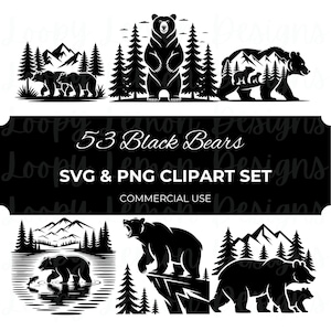 53 Black Bear Clipart, Bear Silhouette SVG, Forest Animal PNG, Wildlife Clip Art Bundle, Camping Cricut Files, Mountain Scene Graphics