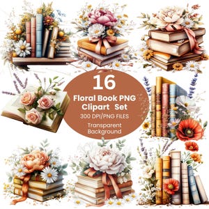 16 Vintage Floral Book Clipart, Stack Of Books PNG, Romantic Reading Graphics, Library Aesthetic Art, Cozy Library Aesthetic Pastel Book Art