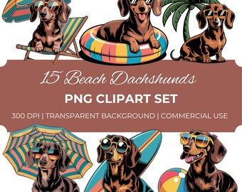 Clipart di bassotti da spiaggia, 15 PNG di cani estivi, arte di un simpatico bassotto, illustrazione di animali domestici in vacanza, download di cuccioli tropicali, grafica divertente di cani