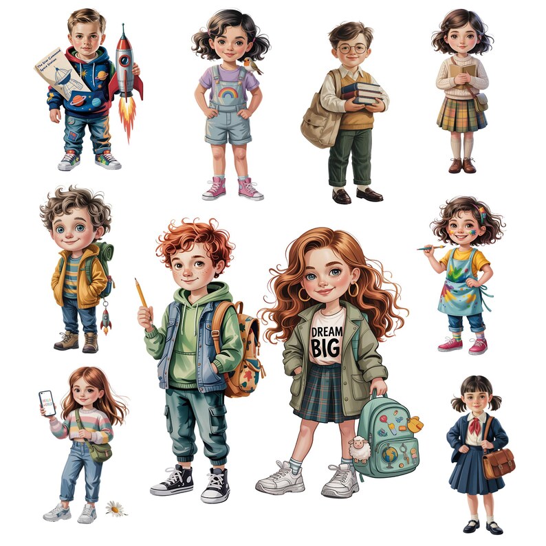 Back to School Kids PNG Bundle, 30 Cute Boy & Girl Characters ...