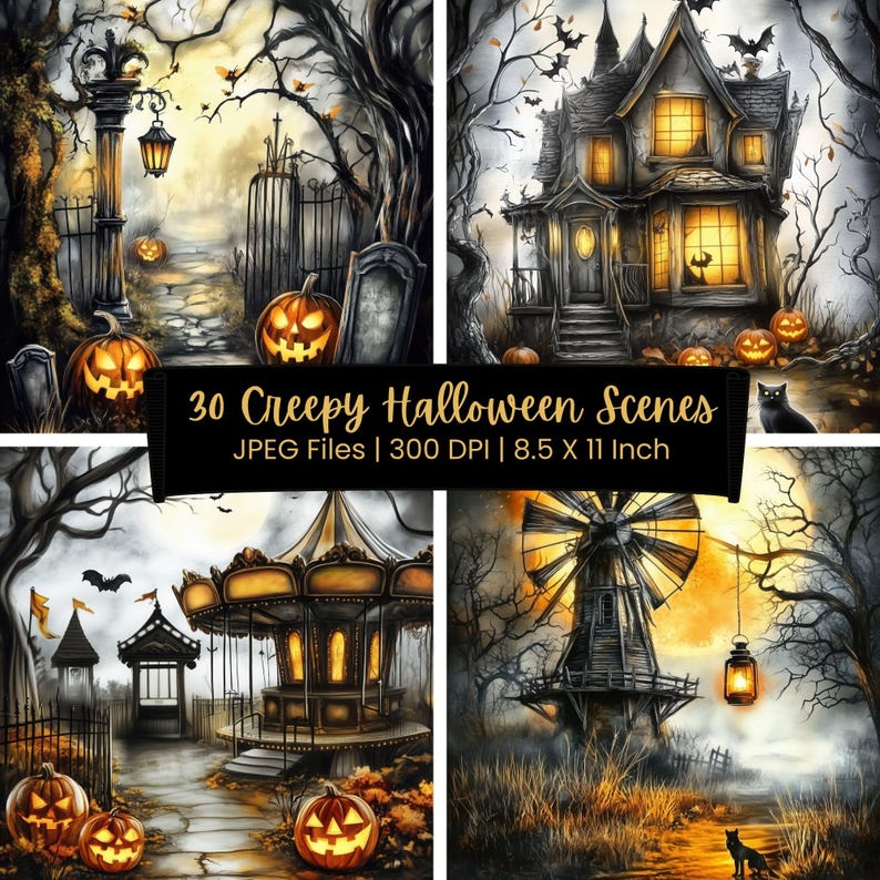 Spooky Windmill 30 Haunted House Halloween Art, Gothic Pumpkin Scene, Spooky Graveyard ...