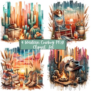 Set di 4 clipart con tramonto western, cappello da cowboy in formato PNG, arte di falò con cactus, disegno rustico con pennellate, stampa a sublimazione country western, decorazioni country in formato PNG