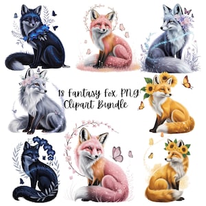 Fantasy Fox Clipart PNG, Art animalier mystique des bois, fleurs papillon renards, créatures magiques, fond Transparent, téléchargement numérique