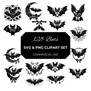 Bat Clipart Bundle SVG PNG, Cute Kawaii Bat Illustrations, Gothic Halloween Bat Graphics, Coquette Bow Bat Designs, Spooky Bat Silhouettes