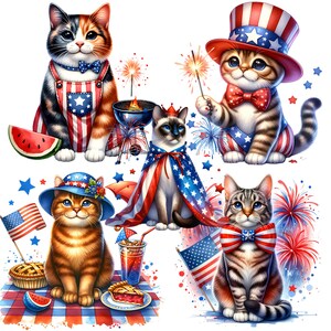 Bundle PNG chat patriotique, 4 juillet Clipart chat, jour de l&#39;indépendance chats, feu d&#39;artifice USA Art, sublimation de chat drapeau américain, clipart animal de compagnie USA
