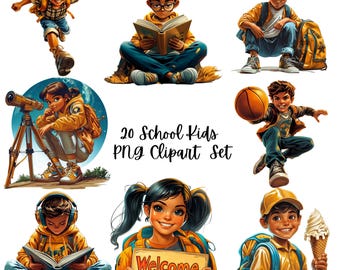 20 Back To School Kids Clipart, Cute Student PNG Bundle, Classroom Children Illustrations, Digital Schoolboy Girl Set, Teacher Resources