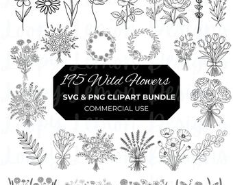 Wildflower SVG PNG Bundle, Line Art Floral Clipart, Botanical Flower Sketch, Boho Bouquet, Hand Drawn Flowers, Cricut Design