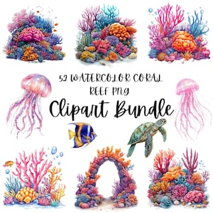 Watercolor Coral Reef Clipart, Underwater Ocean PNG, Tropical Fish, Jellyfish, Sea Turtle Art, Marine Life Bundle, Sea Theme Illustrations