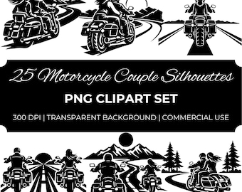 Motorcycle Couple Silhouette Clipart Bundle, Biker Love PNG, Mountain Road Sunset Bike Rider Digital Download, Romantic Couple Black & White