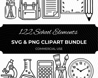 122 School Supplies Clipart, Line Art School Icons, Back To School SVG, Classroom PNG Set, Kids Education Bundle, Teacher Graphics