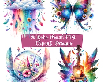20 Boho Floral Clipart PNG, Watercolor Feathers And Flowers, Hippie Rainbow Art, Dreamcatcher Graphics, Bohemian PNG Bundle