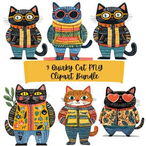 Quirky Cat Bundle, Cool Male Cat PNGs W Kurtkach, Ilustrowane Koty W Okularach, Folk Style Animal Graphics, Funky Character Art Set