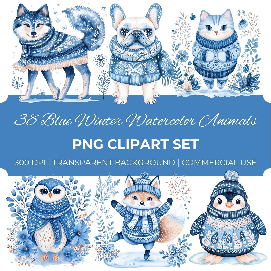 Blue Winter Watercolor Animals, 38 Cute Forest Clipart Bundle, Woodland ...