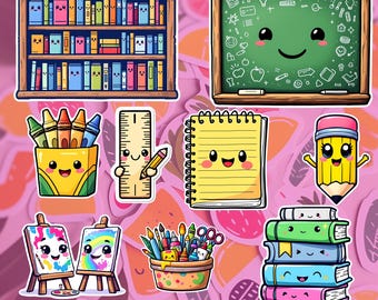 May include: A collection of 30 Kawaii school digital stickers. The stickers include a bookshelf, a chalkboard, a container of crayons, a ruler, a notepad, a pencil, two easels, a container of art supplies, and a stack of books.