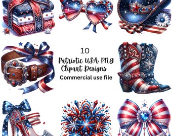 Patriotic USA Clipart, 4th Of July PNG Bundle, Western Accessories, Red White Blue Hat Boots, Country Pride Sublimation Graphics