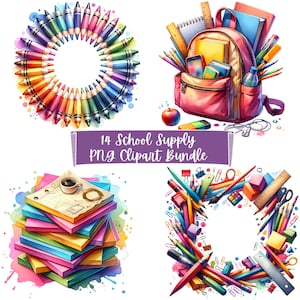 Lot de 14 fournitures scolaires PNG, cliparts de la rentrée, illustrations de papeterie colorées, lot d'art numérique, graphiques pour la classe, 300 DPI