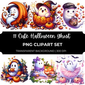 11 Fantômes d&#39;Halloween mignons PNG Clipart, citrouille pastel PNG Bundle, fantômes de bonbons d&#39;automne kawaii, graphiques d&#39;Halloween automne confortable, des bonbons ou un sort PNG